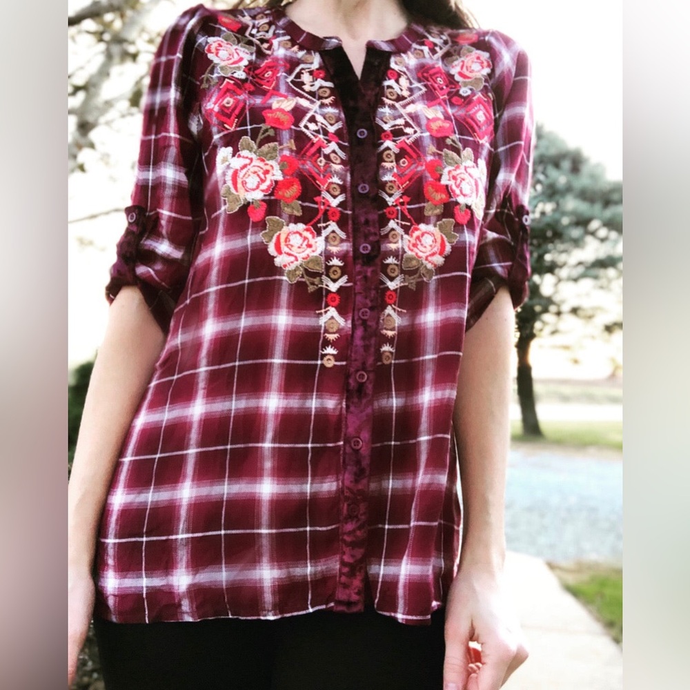 NWT plaid embroidered with velvet button up- multiple sizes!